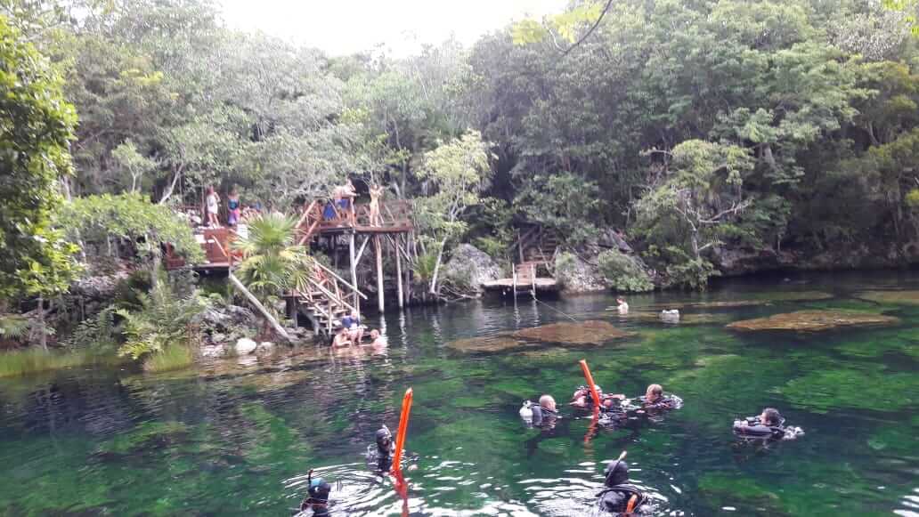 Grupo de clientes haciendo snorkel en un cenote